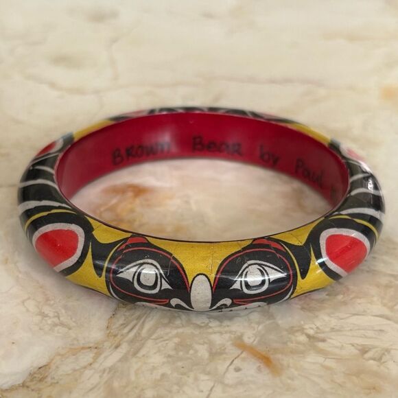Paul Windsor Haisla First Nations “Brown Bear” Painted Wooden Bangle Bracelet - Picture 1 of 8